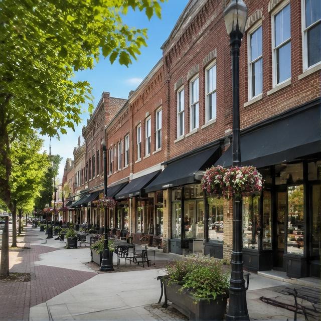 Illustrative small-town storefront streetscape